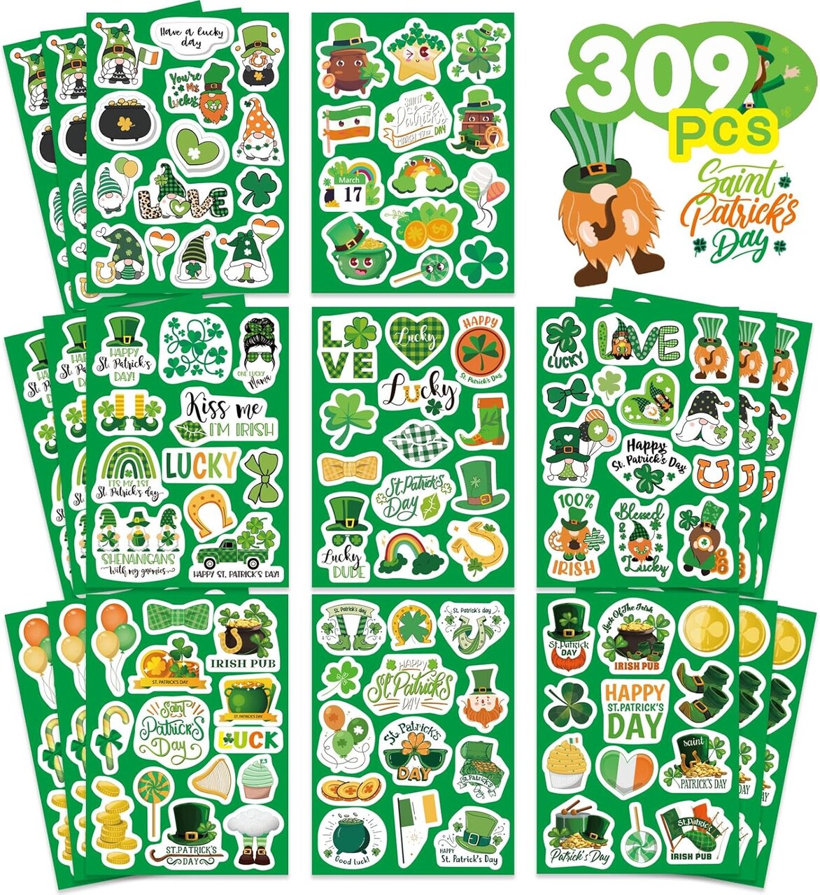 309PCS St. Patrick's Day Theme Stickers Shamrock Stickers for Kids Irish Stickers